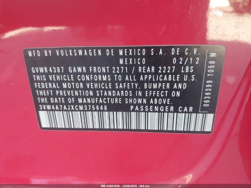 2012 Volkswagen Jetta Gli Autobahn VIN: 3VW4A7AJXCM375648 Lot: 43881636