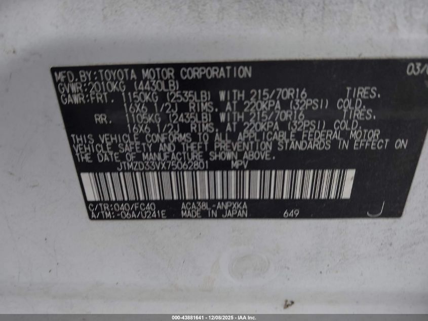 2007 Toyota Rav4 VIN: JTMZD33VX75062801 Lot: 43881641