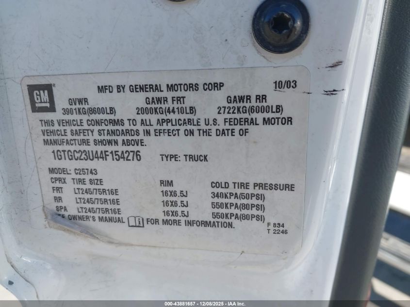2004 GMC Sierra 2500 Sle VIN: 1GTGC23U44F154276 Lot: 43881657