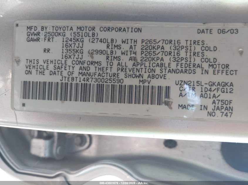 2003 Toyota 4Runner Sr5 V8 VIN: JTEBT14R730025590 Lot: 43881676