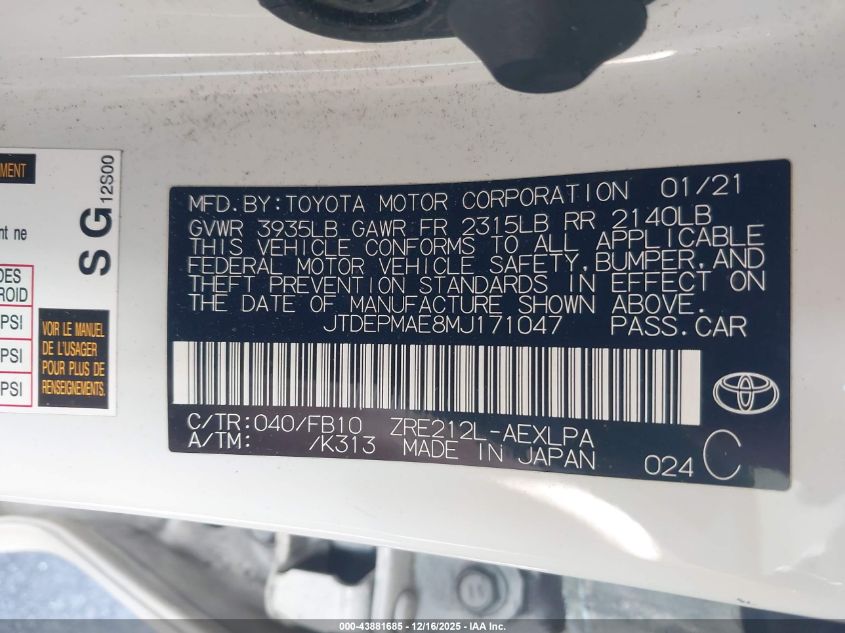 2021 Toyota Corolla Le VIN: JTDEPMAE8MJ171047 Lot: 43881685