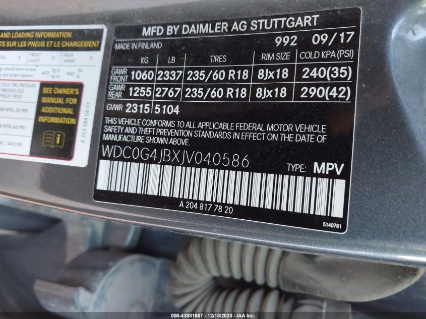 2018 Mercedes-Benz Glc 300 VIN: WDC0G4JBXJV040586 Lot: 43881687