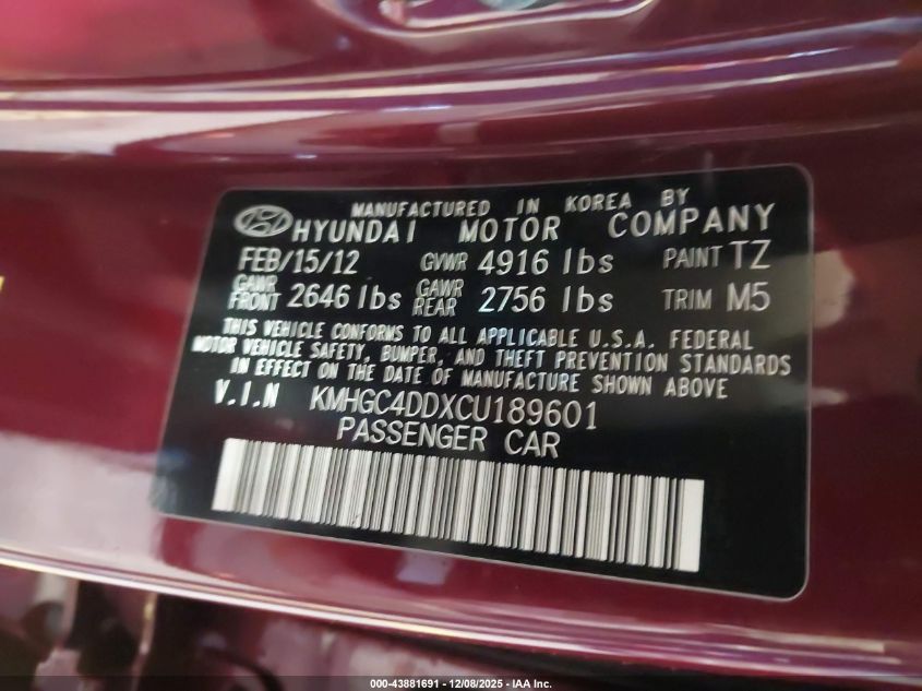 2012 Hyundai Genesis 3.8 VIN: KMHGC4DDXCU189601 Lot: 43881691