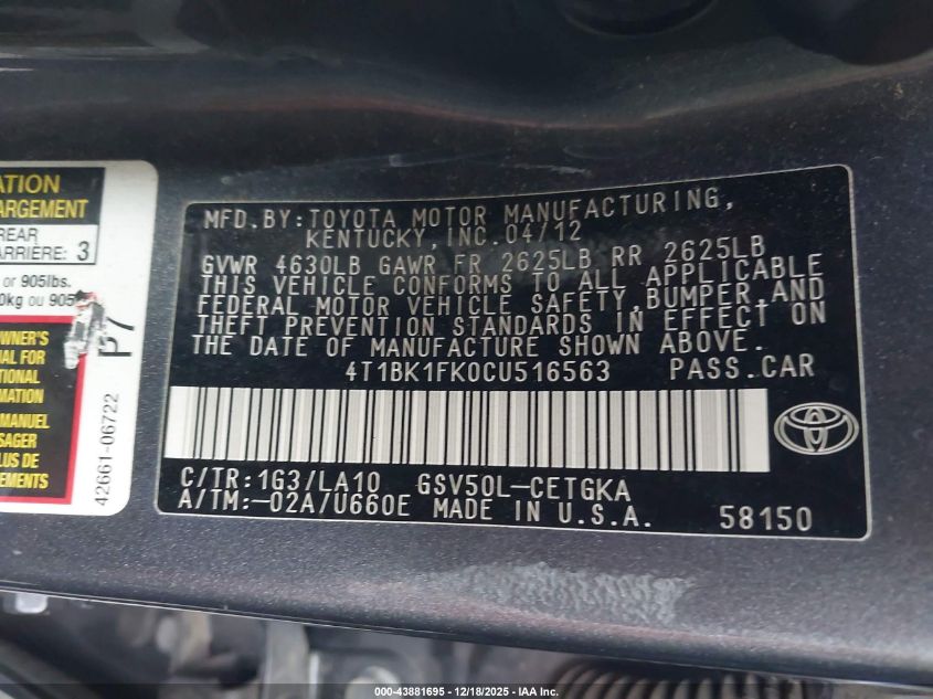 2012 Toyota Camry Xle V6 VIN: 4T1BK1FK0CU516563 Lot: 43881695