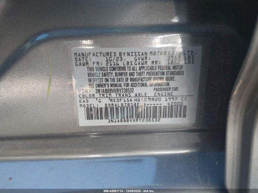 2024 Nissan Sentra S Xtronic Cvt VIN: 3N1AB8BVXRY238532 Lot: 43881714