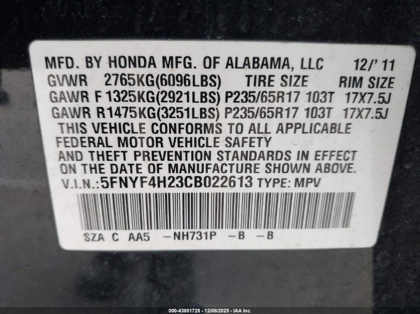 2012 Honda Pilot Lx VIN: 5FNYF4H23CB022613 Lot: 43881728