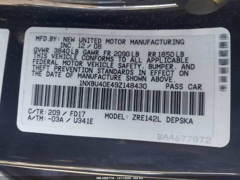 2009 Toyota Corolla S VIN: 1NXBU40E49Z148430 Lot: 43881734