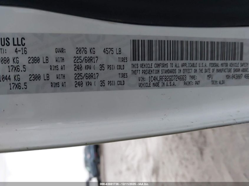 2016 Jeep Patriot High Altitude Edition VIN: 1C4NJRFB2GD724663 Lot: 43881736