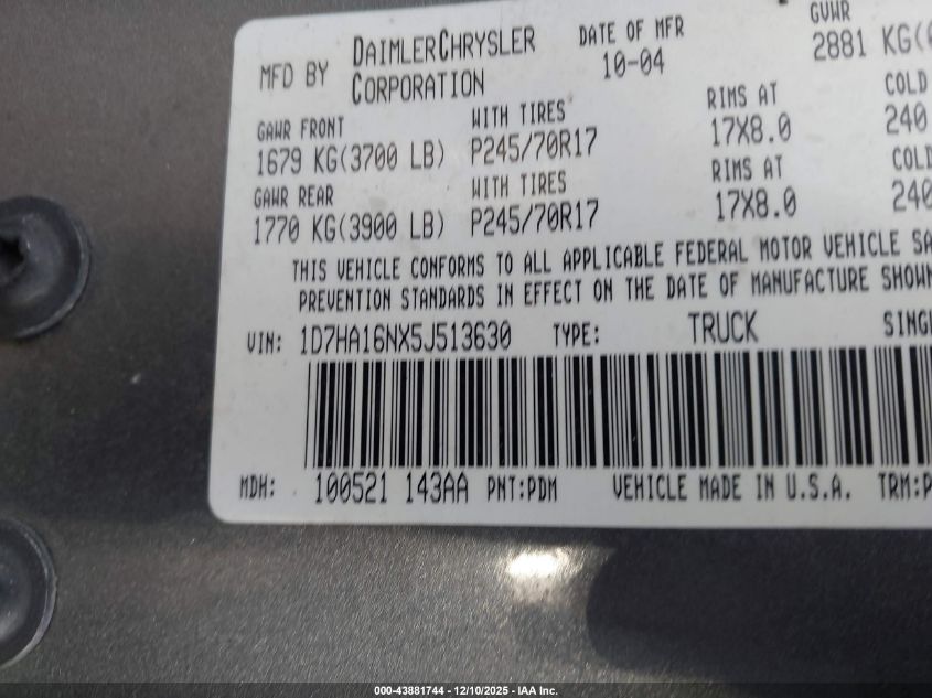 2005 Dodge Ram 1500 St VIN: 1D7HA16NX5J513630 Lot: 43881744