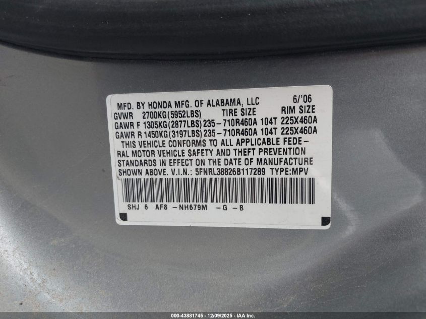 2006 Honda Odyssey Touring VIN: 5FNRL38826B117289 Lot: 43881745