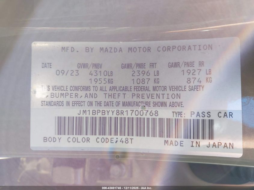 2024 Mazda Mazda3 2.5 Carbon Turbo VIN: JM1BPBYY8R1700768 Lot: 43881746