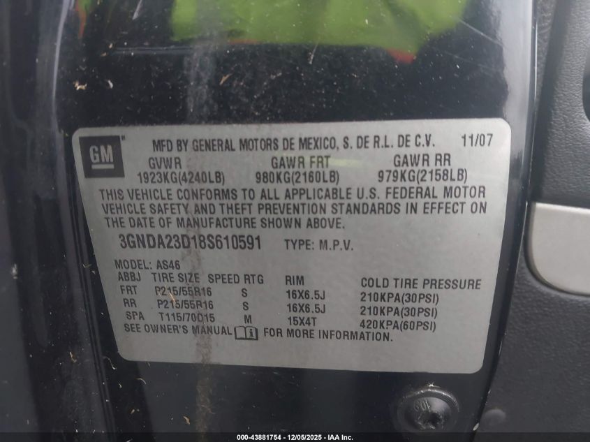 2008 Chevrolet Hhr Lt VIN: 3GNDA23D18S610591 Lot: 43881754