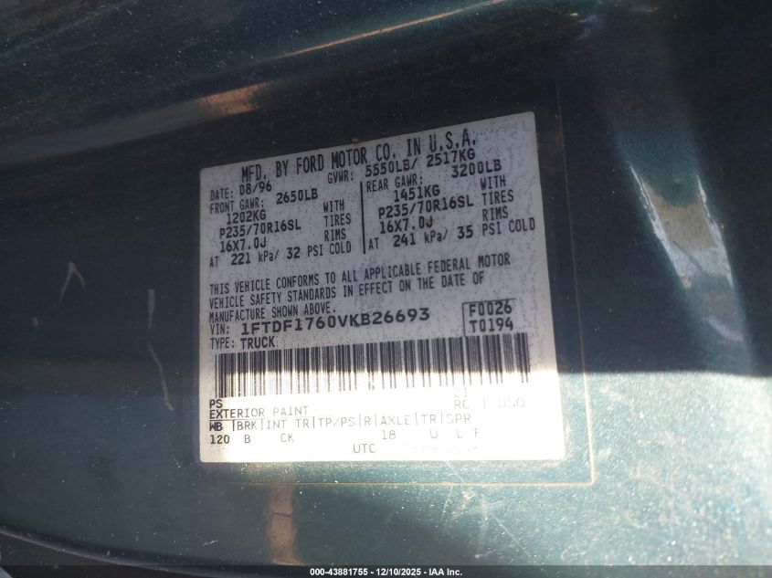 1997 Ford F-150 Lariat/Standard/Xl/Xlt VIN: 1FTDF1760VKB26693 Lot: 43881755