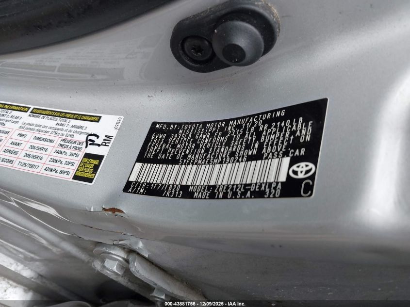 2021 Toyota Corolla Le VIN: 5YFEPMAE5MP190246 Lot: 43881756