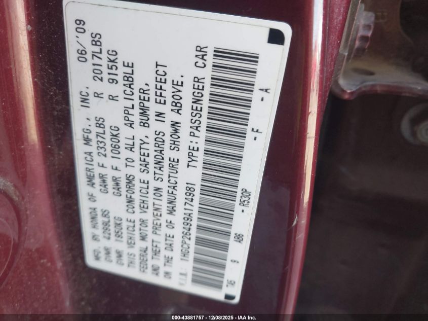 2009 Honda Accord 2.4 Lx-P VIN: 1HGCP26499A174981 Lot: 43881757