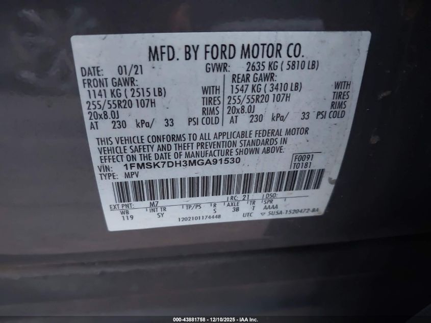 2021 Ford Explorer Xlt VIN: 1FMSK7DH3MGA91530 Lot: 43881758