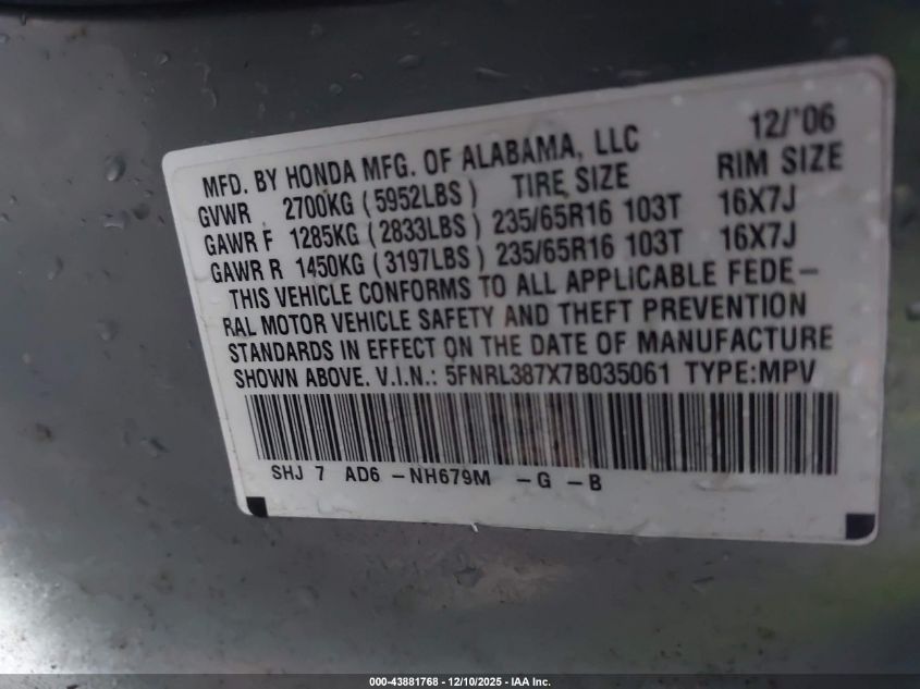 2007 Honda Odyssey Ex-L VIN: 5FNRL387X7B035061 Lot: 43881768