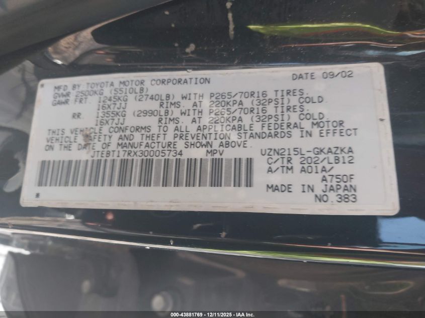 2003 Toyota 4Runner Limited V8 VIN: JTEBT17RX30005734 Lot: 43881769