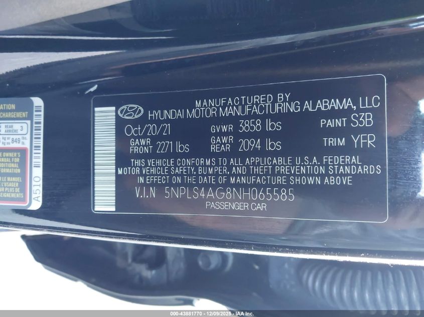 2022 Hyundai Elantra Sel VIN: 5NPLS4AG8NH065585 Lot: 43881770