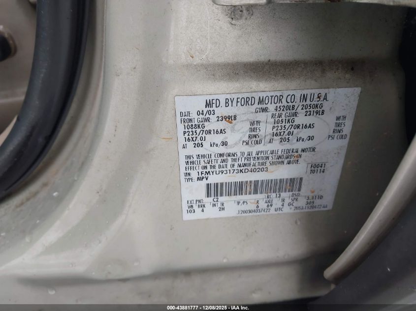 2003 Ford Escape Xlt VIN: 1FMYU93173KD40203 Lot: 43881777