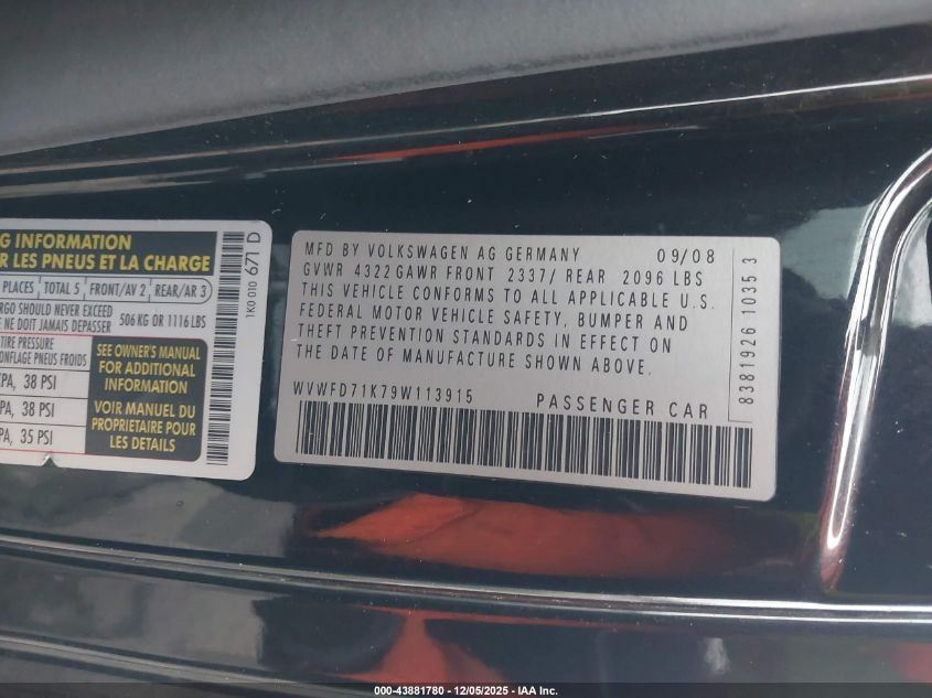 2009 Volkswagen Gti 2-Door VIN: WVWFD71K79W113915 Lot: 43881780