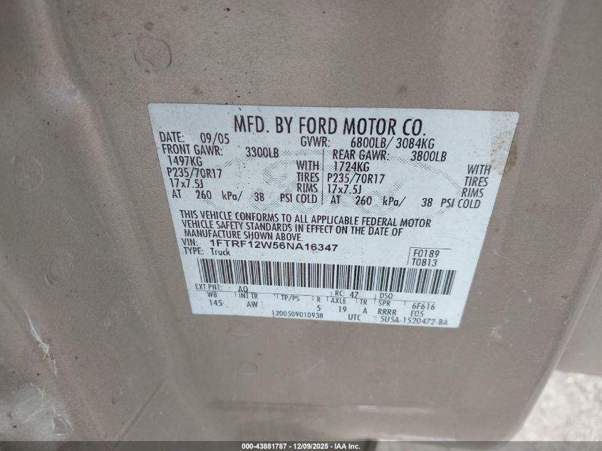 2006 Ford F-150 Stx/Xl/Xlt VIN: 1FTRF12W56NA16347 Lot: 43881787