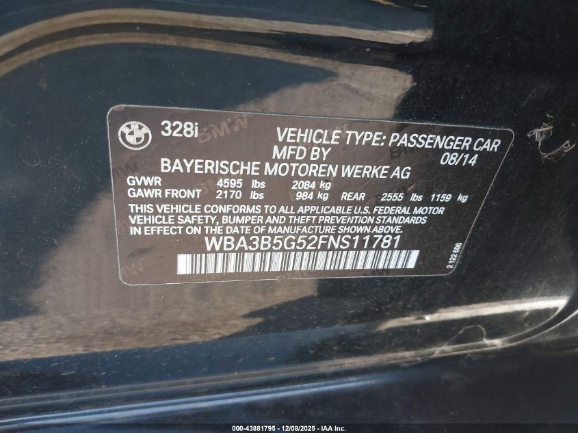 2015 BMW 328I xDrive VIN: WBA3B5G52FNS11781 Lot: 43881795