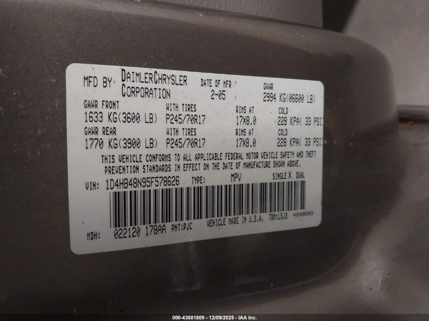 2005 Dodge Durango Slt VIN: 1D4HB48N95F578626 Lot: 43881809