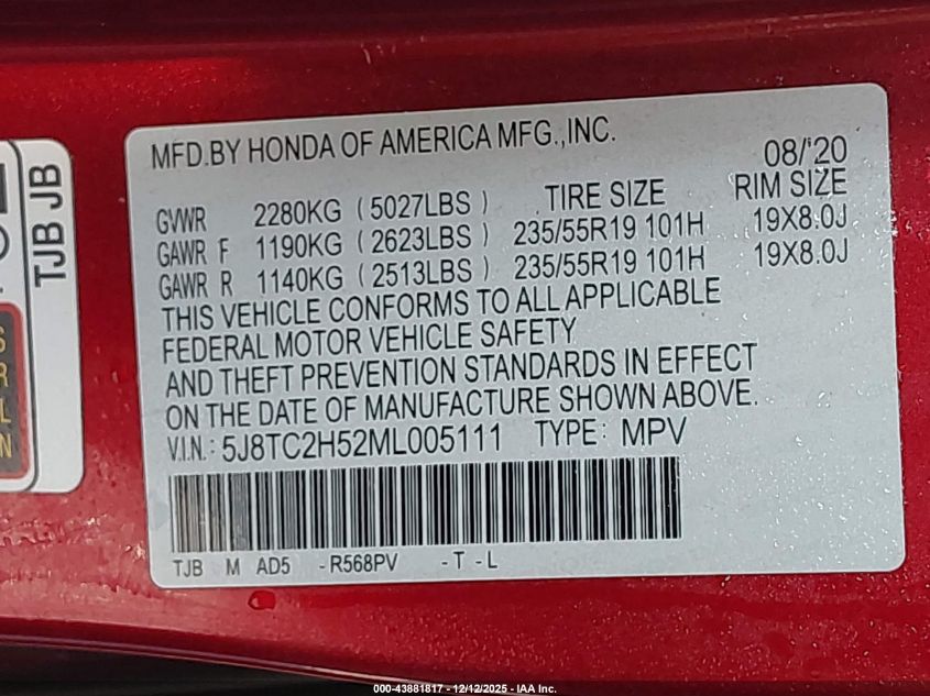 2021 Acura Rdx Technology Package VIN: 5J8TC2H52ML005111 Lot: 43881817