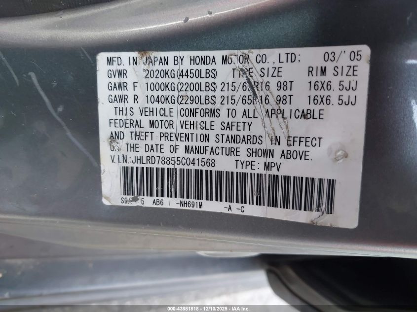 2005 Honda Cr-V Ex VIN: JHLRD78855C041568 Lot: 43881818