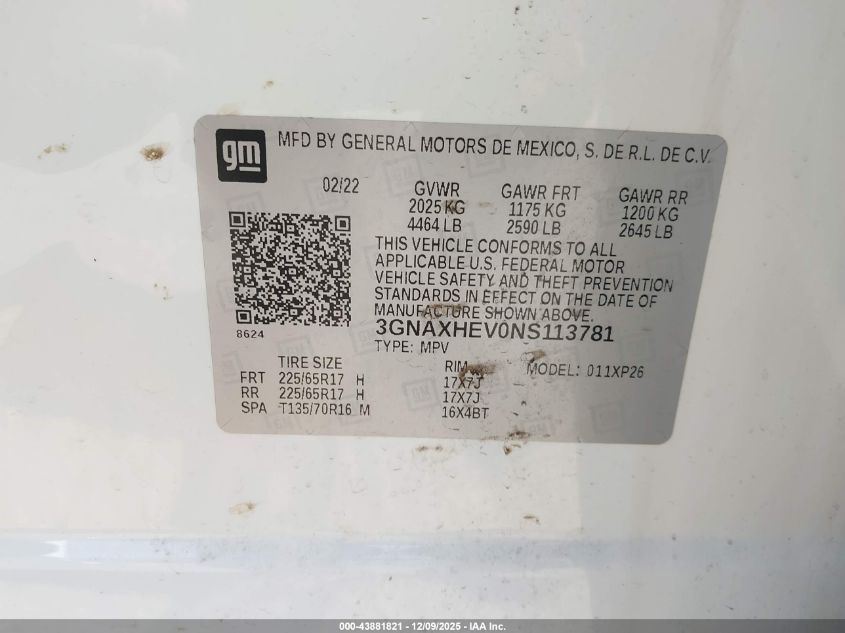 2022 Chevrolet Equinox Fwd Ls VIN: 3GNAXHEV0NS113781 Lot: 43881821