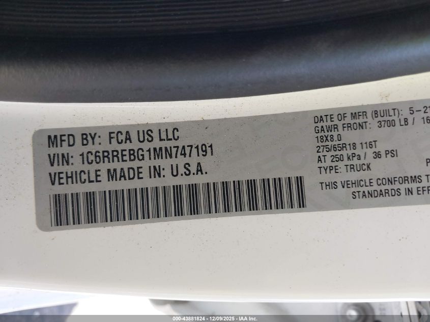 2021 Ram 1500 Big Horn 4X2 6'4 Box VIN: 1C6RREBG1MN747191 Lot: 43881824
