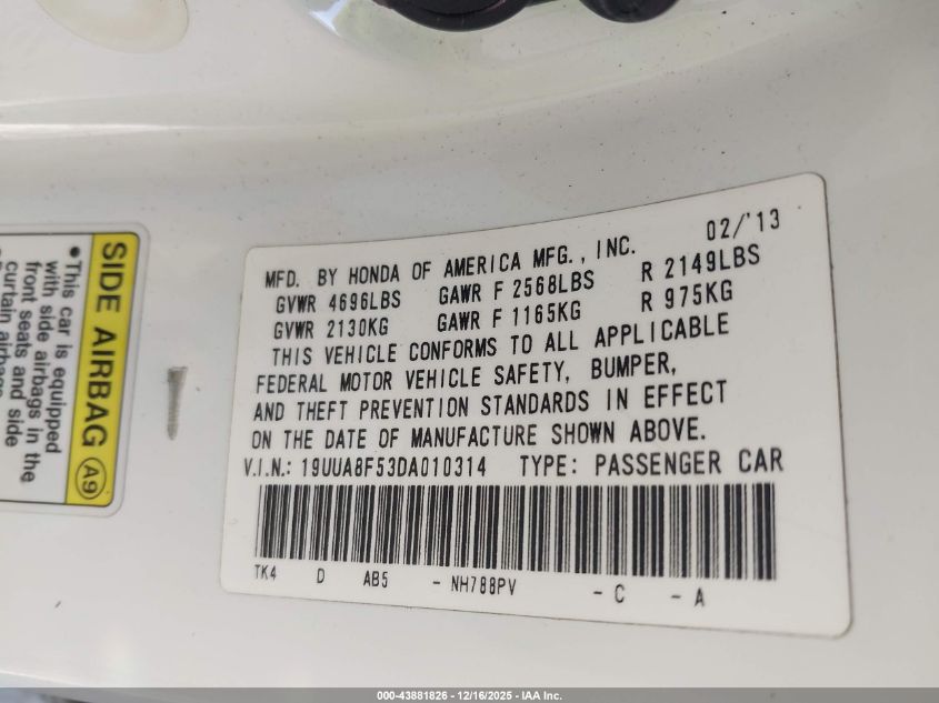2013 Acura Tl 3.5 VIN: 19UUA8F53DA010314 Lot: 43881826