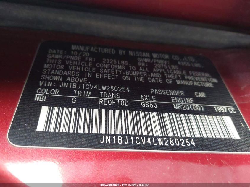 2020 Nissan Rogue Sport S Fwd Xtronic Cvt VIN: JN1BJ1CV4LW280254 Lot: 43881829