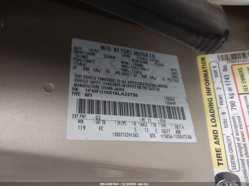 2008 Ford Expedition Xlt VIN: 1FMFU16518LA32758 Lot: 43881833