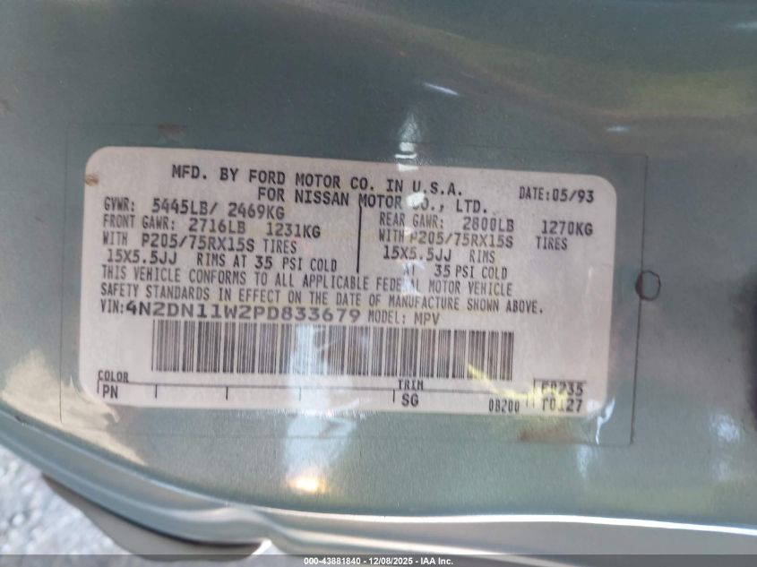 1993 Nissan Quest Gxe/Xe VIN: 4N2DN11W2PD833679 Lot: 43881840