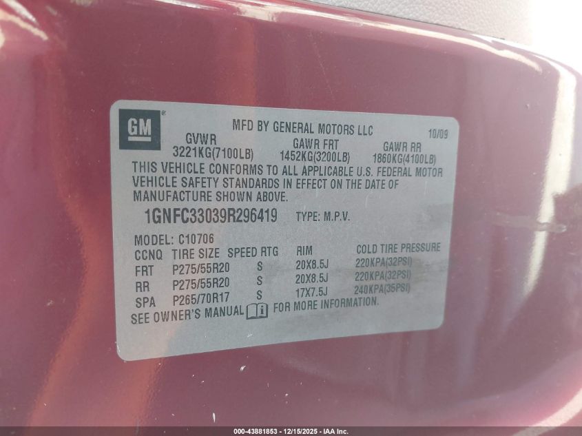 2009 Chevrolet Tahoe Ltz VIN: 1GNFC33039R296419 Lot: 43881853