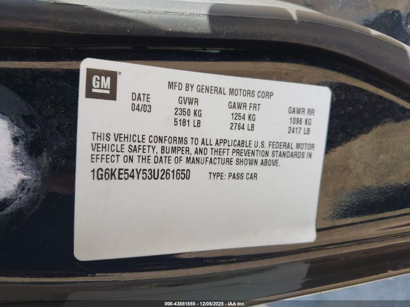 2003 Cadillac Deville Dhs VIN: 1G6KE54Y53U261650 Lot: 43881855