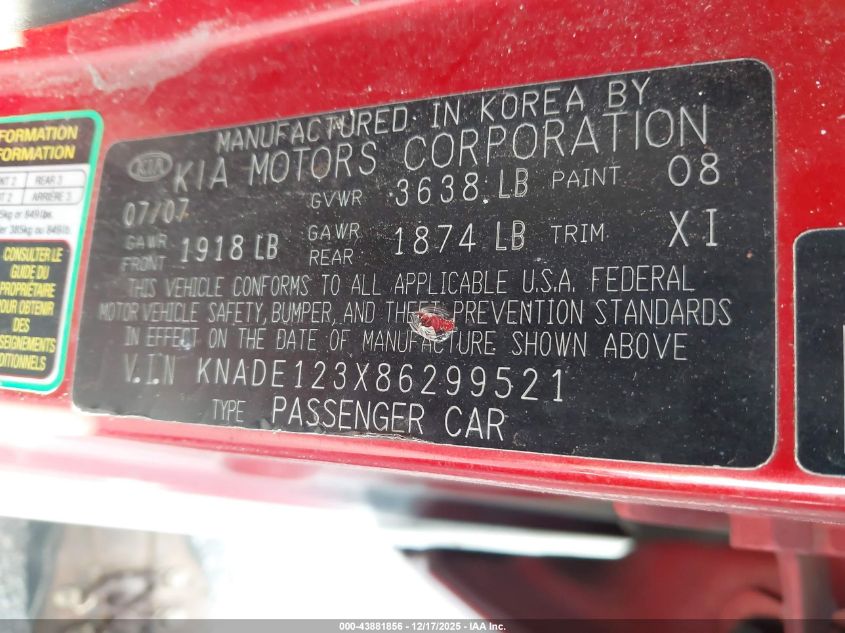 2008 Kia Rio Lx VIN: KNADE123X86299521 Lot: 43881856