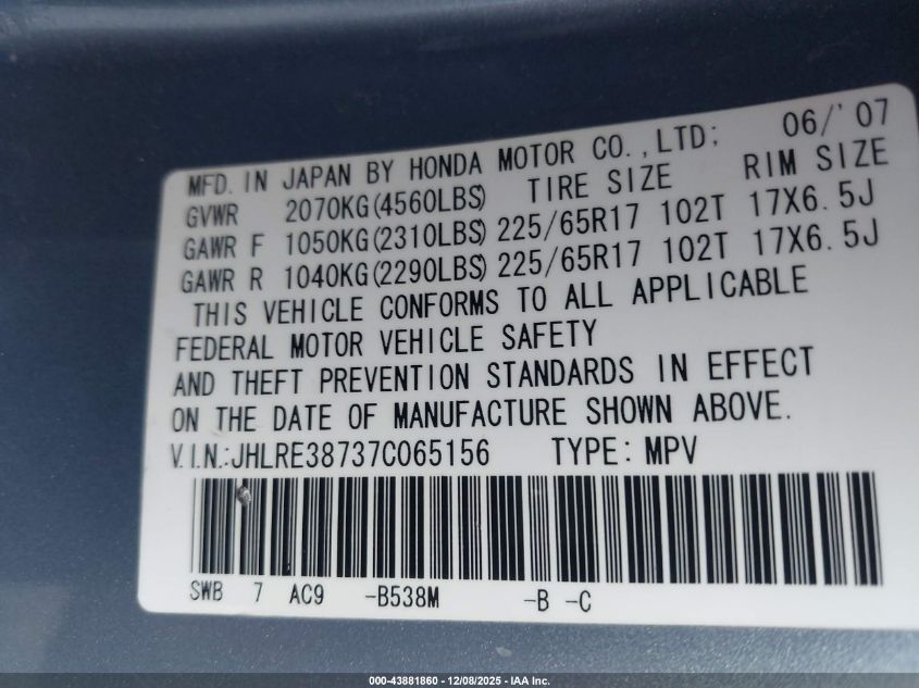 2007 Honda Cr-V Ex-L VIN: JHLRE38737C065156 Lot: 43881860