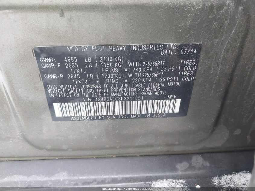 2015 Subaru Outback 2.5I Premium VIN: 4S4BSAEC8F3211851 Lot: 43881863