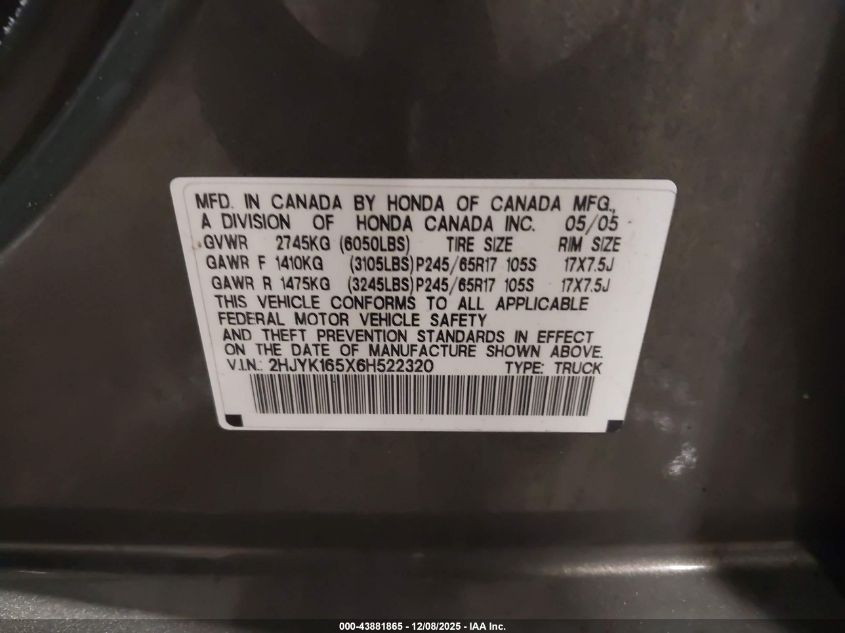 2006 Honda Ridgeline Rtl VIN: 2HJYK165X6H522320 Lot: 43881865