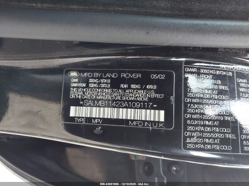 2003 Land Rover Range Rover Hse VIN: SALMB11423A109117 Lot: 43881866