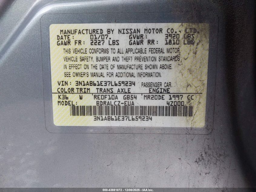 2007 Nissan Sentra 2.0 VIN: 3N1AB61E37L659234 Lot: 43881872