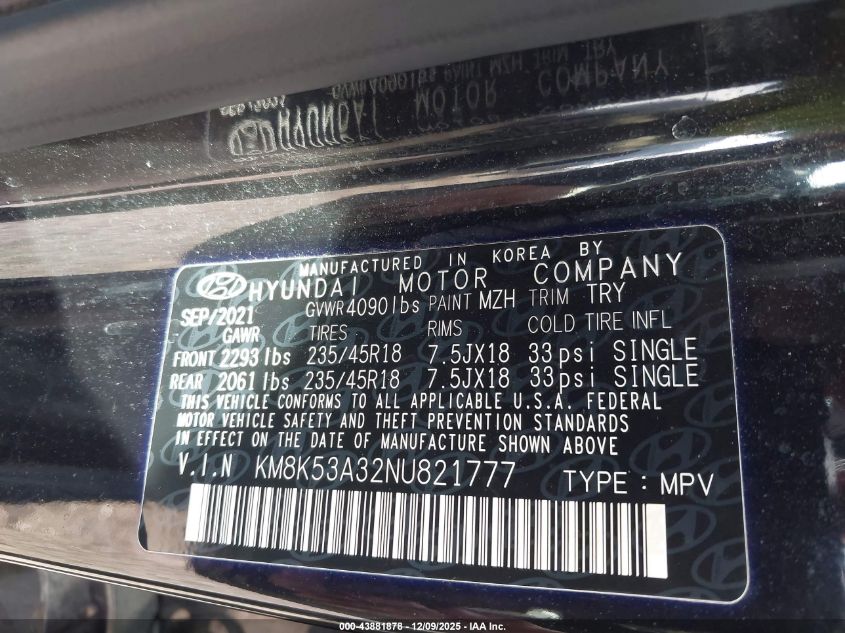 2022 Hyundai Kona Limited VIN: KM8K53A32NU821777 Lot: 43881878