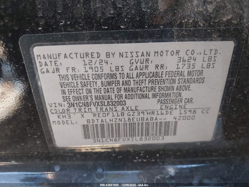 2025 Nissan Versa 1.6 Sr VIN: 3N1CN8FVXSL832003 Lot: 43881889