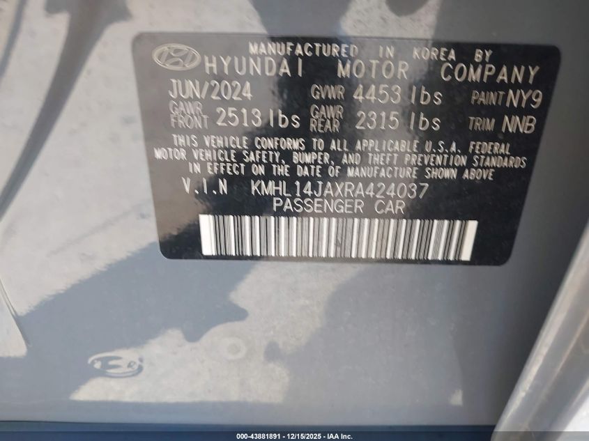 2024 Hyundai Sonata Sel VIN: KMHL14JAXRA424037 Lot: 43881891