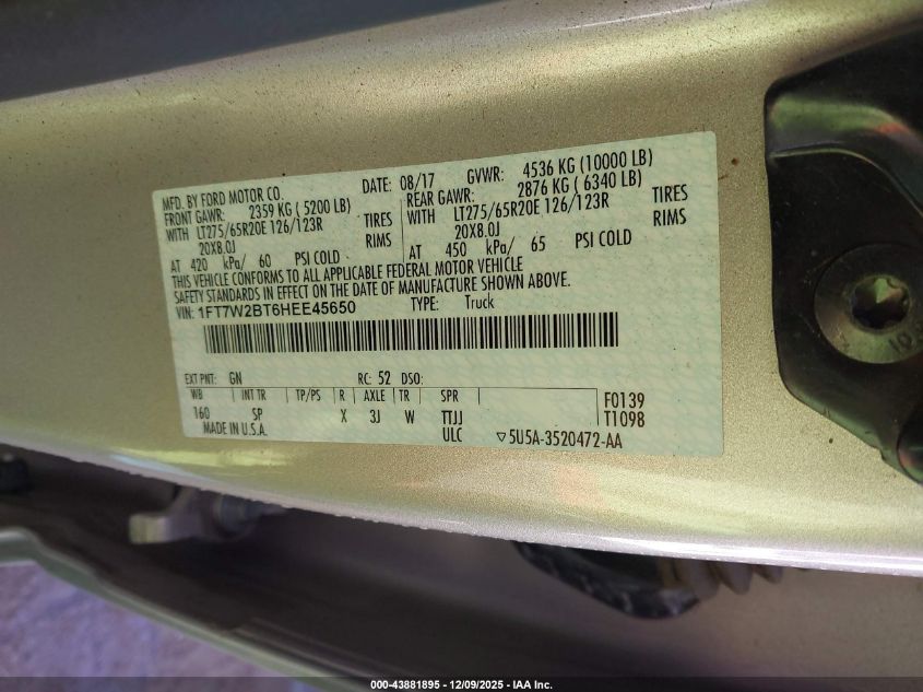 2017 Ford F-250 King Ranch VIN: 1FT7W2BT6HEE45650 Lot: 43881895