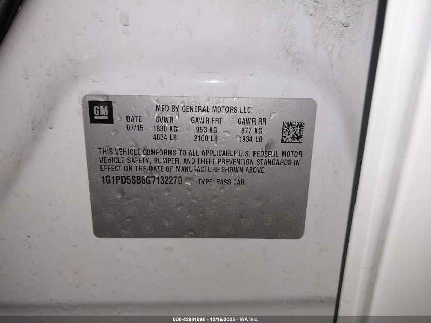 2016 Chevrolet Cruze Limited 1Lt Manual VIN: 1G1PD5SB6G7132270 Lot: 43881898