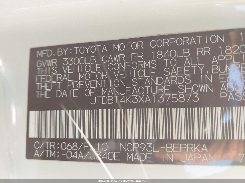 2010 Toyota Yaris VIN: JTDBT4K3XA1375873 Lot: 43881904